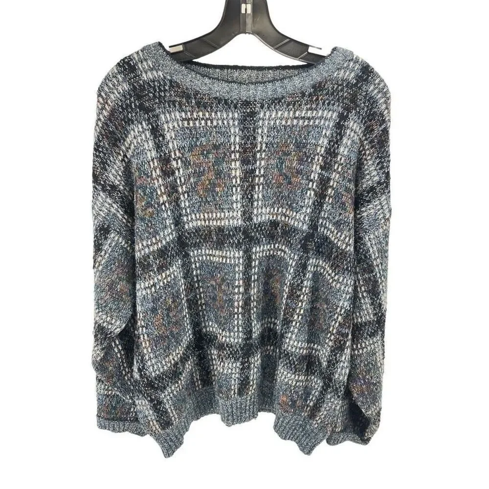 Method Vintage Mens Pullover Sweater Long Sleeve Check Printed Large Blue Gray